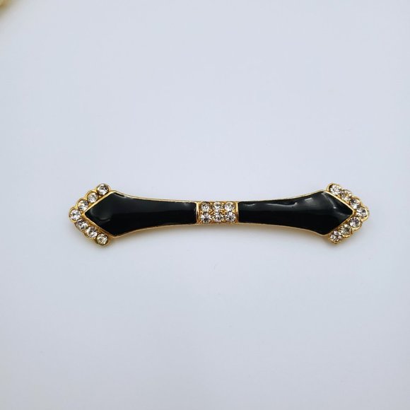 Vintage Art Deco Style Black Enamel Brooch, Rhinestone Collar Bar Pin - Picture 5 of 7